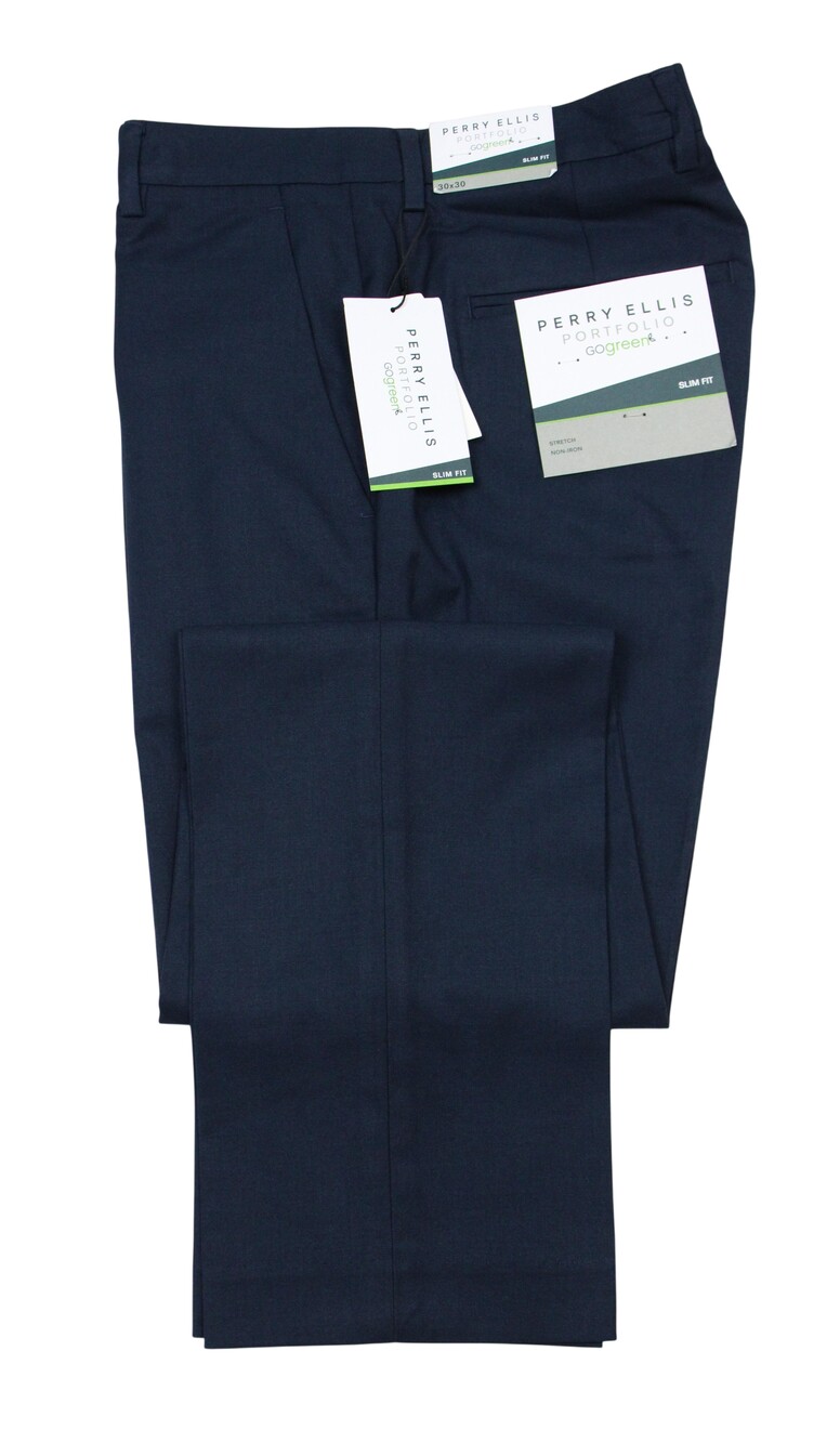 Perry Ellis Portfolio Dress Pants Mens 30x30 Dark Blue Slim Fit Stretch Go Green